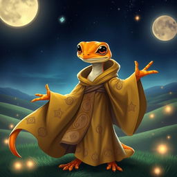 A vibrant orange and yellow gecko character elegantly draped in a flowing robe adorned with intricate patterns and magical symbols