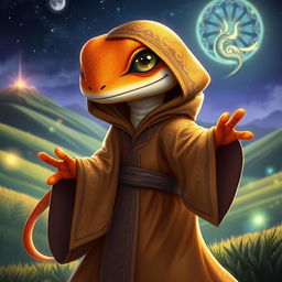A vibrant orange and yellow gecko character elegantly draped in a flowing robe adorned with intricate patterns and magical symbols