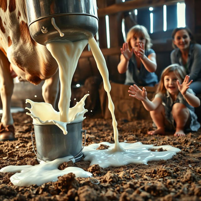 An action shot capturing the dramatic moment of milk spilling from a metal pail as a cow kicks in terror