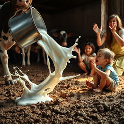 An action shot capturing the dramatic moment of milk spilling from a metal pail as a cow kicks in terror