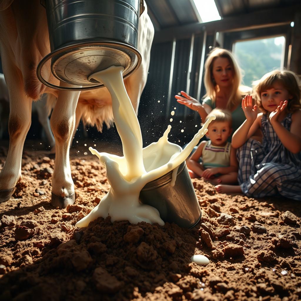 An action shot capturing the dramatic moment of milk spilling from a metal pail as a cow kicks in terror