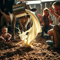 An action shot capturing the dramatic moment of milk spilling from a metal pail as a cow kicks in terror