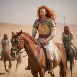 In the midst of the intense historical desert battle, a unique figure stands out: a man with striking red hair, confidently leading the victorious Egyptian cavalry against the Persian horsemen. 