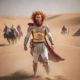 Amongst the intense battle scene in the desert, a man with striking red hair stands unarmored. Confident and unafraid, he leads the victorious Egyptian cavalry against the Persian horsemen amidst the golden sand dunes.