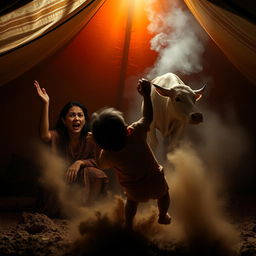 A heartbreaking scene set inside a dimly lit tent, capturing a tragic moment of panic