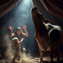 A heartbreaking scene set inside a dimly lit tent, capturing a tragic moment of panic