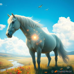 A surreal and imaginative fantasy scene featuring a large, majestic horse standing in a beautiful meadow under a blue sky with fluffy white clouds