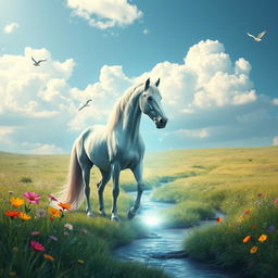 A surreal and imaginative fantasy scene featuring a large, majestic horse standing in a beautiful meadow under a blue sky with fluffy white clouds