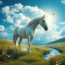 A surreal and imaginative fantasy scene featuring a large, majestic horse standing in a beautiful meadow under a blue sky with fluffy white clouds