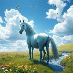 A surreal and imaginative fantasy scene featuring a large, majestic horse standing in a beautiful meadow under a blue sky with fluffy white clouds