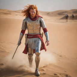 Amongst the intense battle scene in the desert, a man with striking red hair stands unarmored. Confident and unafraid, he leads the victorious Egyptian cavalry against the Persian horsemen amidst the golden sand dunes.