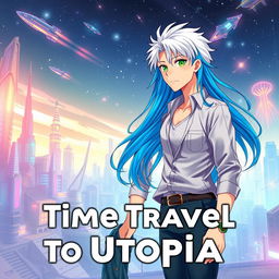 A mesmerizing book cover for a futuristic slice of life romance novel titled 'Time Travel To Utopia'