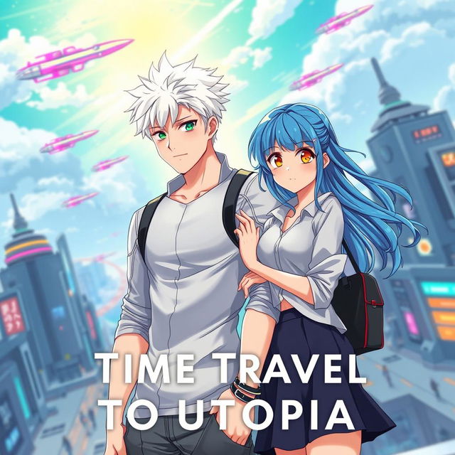 A mesmerizing book cover for a futuristic slice of life romance novel titled 'Time Travel To Utopia'