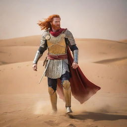 Amongst the intense battle scene in the desert, a man with striking red hair stands unarmored. Confident and unafraid, he leads the victorious Egyptian cavalry against the Persian horsemen amidst the golden sand dunes.