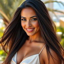 A stunning Mediterranean brunette woman in her 30s, showcasing radiant tanned skin and long, straight hair that flows elegantly