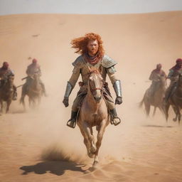 Amongst the intense battle scene in the desert, a man with striking red hair stands unarmored. Confident and unafraid, he leads the victorious Egyptian cavalry against the Persian horsemen amidst the golden sand dunes.