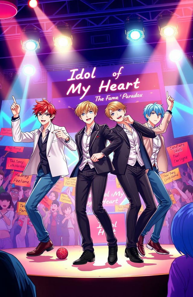 A vibrant illustration of a charismatic boy group performing on stage, under bright spotlight lights, showcasing their energetic dance moves