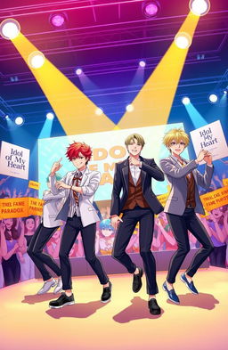A vibrant illustration of a charismatic boy group performing on stage, under bright spotlight lights, showcasing their energetic dance moves