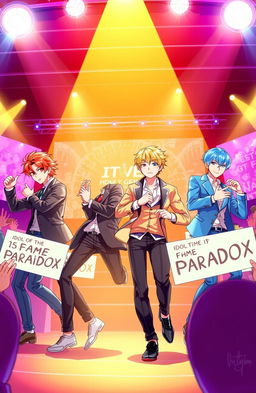 A vibrant illustration of a charismatic boy group performing on stage, under bright spotlight lights, showcasing their energetic dance moves