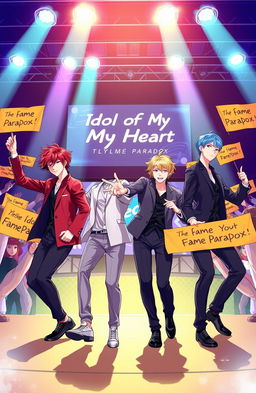 A vibrant illustration of a charismatic boy group performing on stage, under bright spotlight lights, showcasing their energetic dance moves