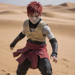 In the midst of the desert battle scene, a unique figure emerges - Gaara. With striking short red hair and no armor, he fearlessly leads the victorious Egyptian cavalry against the Persian horsemen amidst the gold sand dunes.