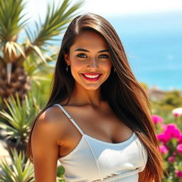 A captivating Mediterranean brunette woman aged 25, with beautiful tanned skin and long, straight hair that cascades over her shoulders