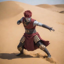 In the midst of the desert battle scene, a unique figure emerges - Gaara. With striking short red hair and no armor, he fearlessly leads the victorious Egyptian cavalry against the Persian horsemen amidst the gold sand dunes.