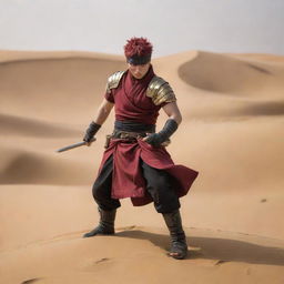 In the midst of the desert battle scene, a unique figure emerges - Gaara. With striking short red hair and no armor, he fearlessly leads the victorious Egyptian cavalry against the Persian horsemen amidst the gold sand dunes.