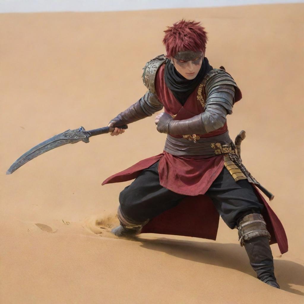 In the midst of the desert battle scene, a unique figure emerges - Gaara. With striking short red hair and no armor, he fearlessly leads the victorious Egyptian cavalry against the Persian horsemen amidst the gold sand dunes.