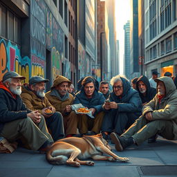 A poignant and empathetic scene depicting a group of homeless individuals gathered in an urban setting