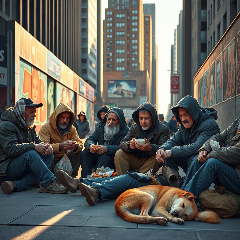 A poignant and empathetic scene depicting a group of homeless individuals gathered in an urban setting