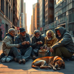 A poignant and empathetic scene depicting a group of homeless individuals gathered in an urban setting