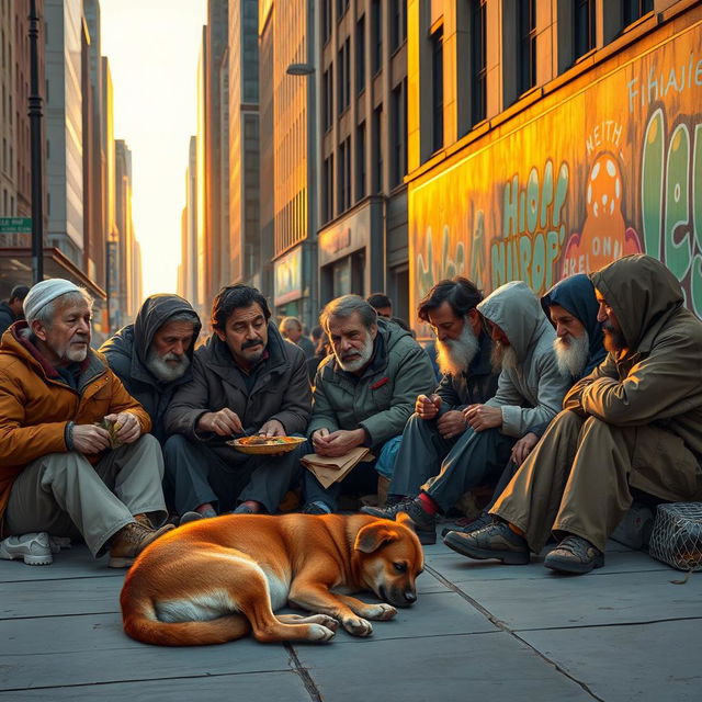 A poignant and empathetic scene depicting a group of homeless individuals gathered in an urban setting