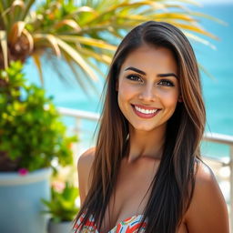 A gorgeous Mediterranean brunette woman, aged 28, with luminous tanned skin and long, straight hair that gracefully frames her face