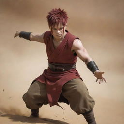 In the heart of the desert warfare, the distinctive figure Gaara, with his short red hair, boldly raises his arms to summon a tremendous sandstorm. As this force of nature engulfs the battlefield, he leads the victorious Egyptian cavalry.