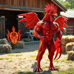 A muscular red rooster-human-T-Rex hybrid with a defined bodybuilder physique, standing proudly in a confident pose
