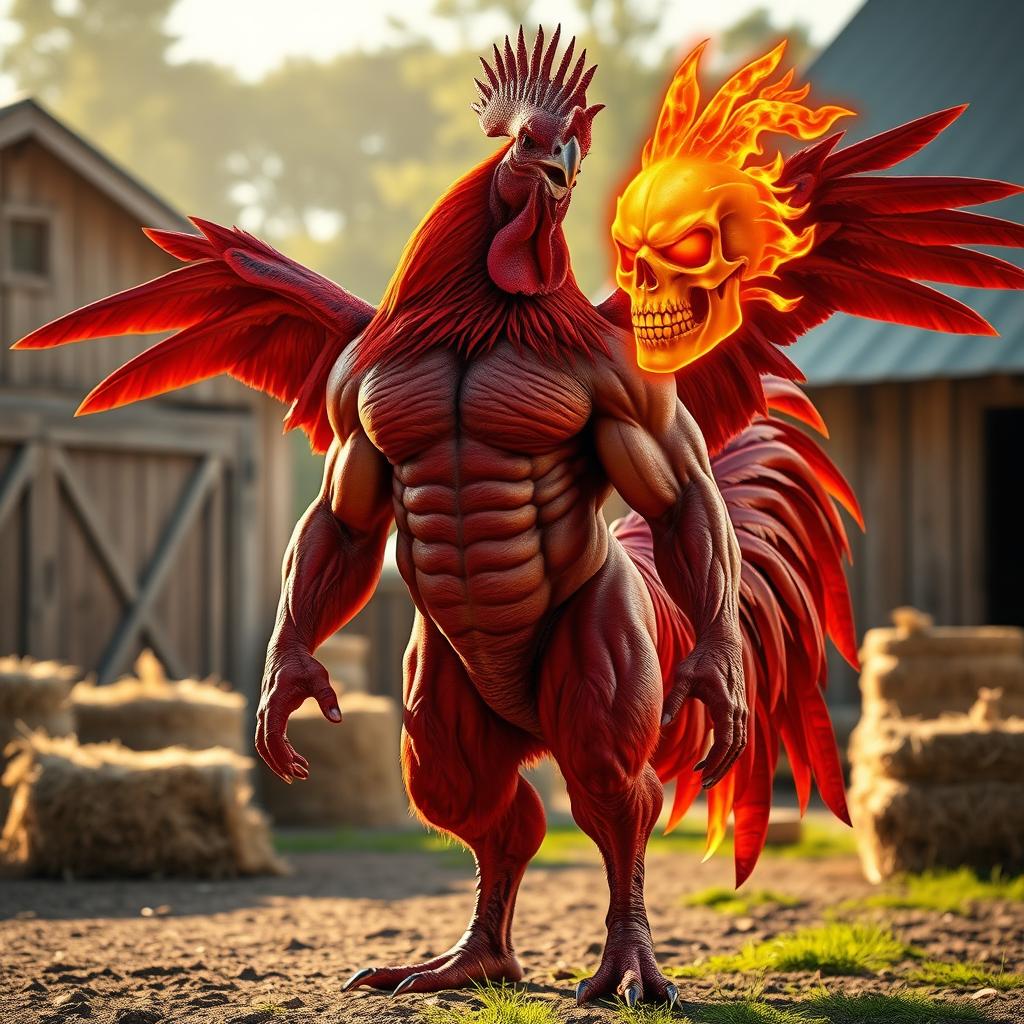 A muscular red rooster-human-T-Rex hybrid with a defined bodybuilder physique, standing proudly in a confident pose