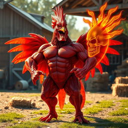 A muscular red rooster-human-T-Rex hybrid with a defined bodybuilder physique, standing proudly in a confident pose