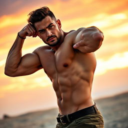 A strong, muscular man posing confidently, showcasing his masculinity