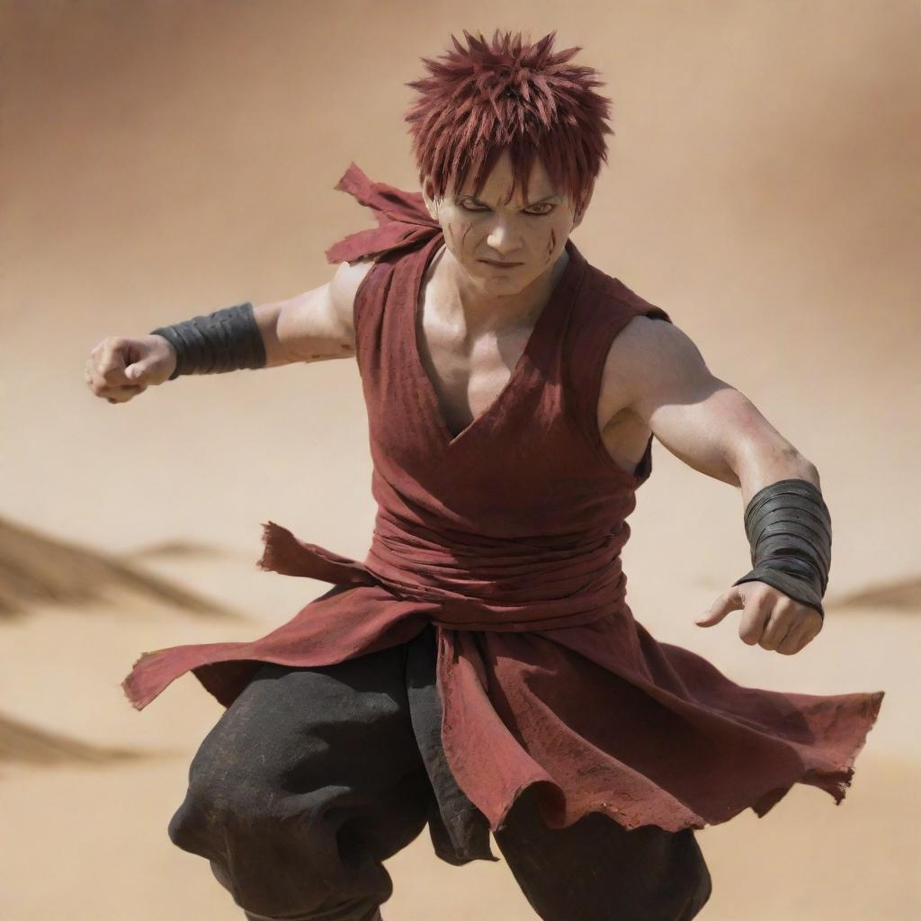 In the heart of the desert warfare, the distinctive figure Gaara, with his short red hair, boldly raises his arms to summon a tremendous sandstorm. As this force of nature engulfs the battlefield, he leads the victorious Egyptian cavalry.