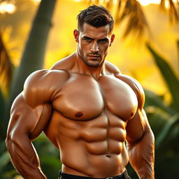 A strong, muscular man depicted in a confident pose, showcasing a powerful physique with emphasis on masculinity