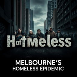 A dramatic movie cover featuring a gritty urban landscape of Melbourne, Australia, with a group of diverse homeless individuals subtly placed in the background