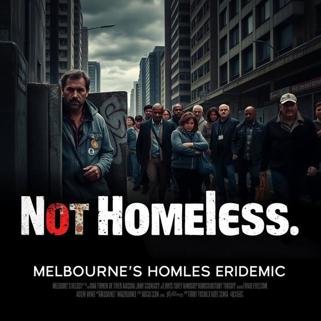 A dramatic movie cover featuring a gritty urban landscape of Melbourne, Australia, with a group of diverse homeless individuals subtly placed in the background