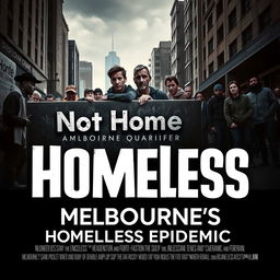 A dramatic movie cover featuring a gritty urban landscape of Melbourne, Australia, with a group of diverse homeless individuals subtly placed in the background