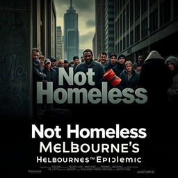A dramatic movie cover featuring a gritty urban landscape of Melbourne, Australia, with a group of diverse homeless individuals subtly placed in the background