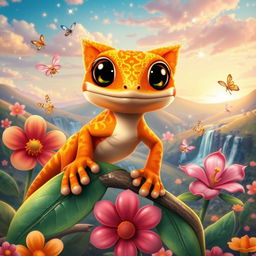 A whimsical orange and yellow gecko in a fantastical setting, showcasing its vibrant colors and unique patterns that shimmer in the light