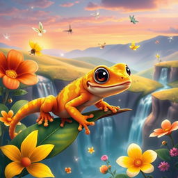 A whimsical orange and yellow gecko in a fantastical setting, showcasing its vibrant colors and unique patterns that shimmer in the light