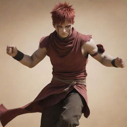 In the heart of the desert warfare, the distinctive figure Gaara, with his short red hair, boldly raises his arms to summon a tremendous sandstorm. As this force of nature engulfs the battlefield, he leads the victorious Egyptian cavalry.