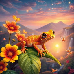 A whimsical orange and yellow gecko in a fantastical setting, showcasing its vibrant colors and unique patterns that shimmer in the light