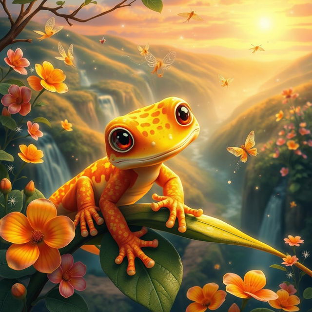 A whimsical orange and yellow gecko in a fantastical setting, showcasing its vibrant colors and unique patterns that shimmer in the light